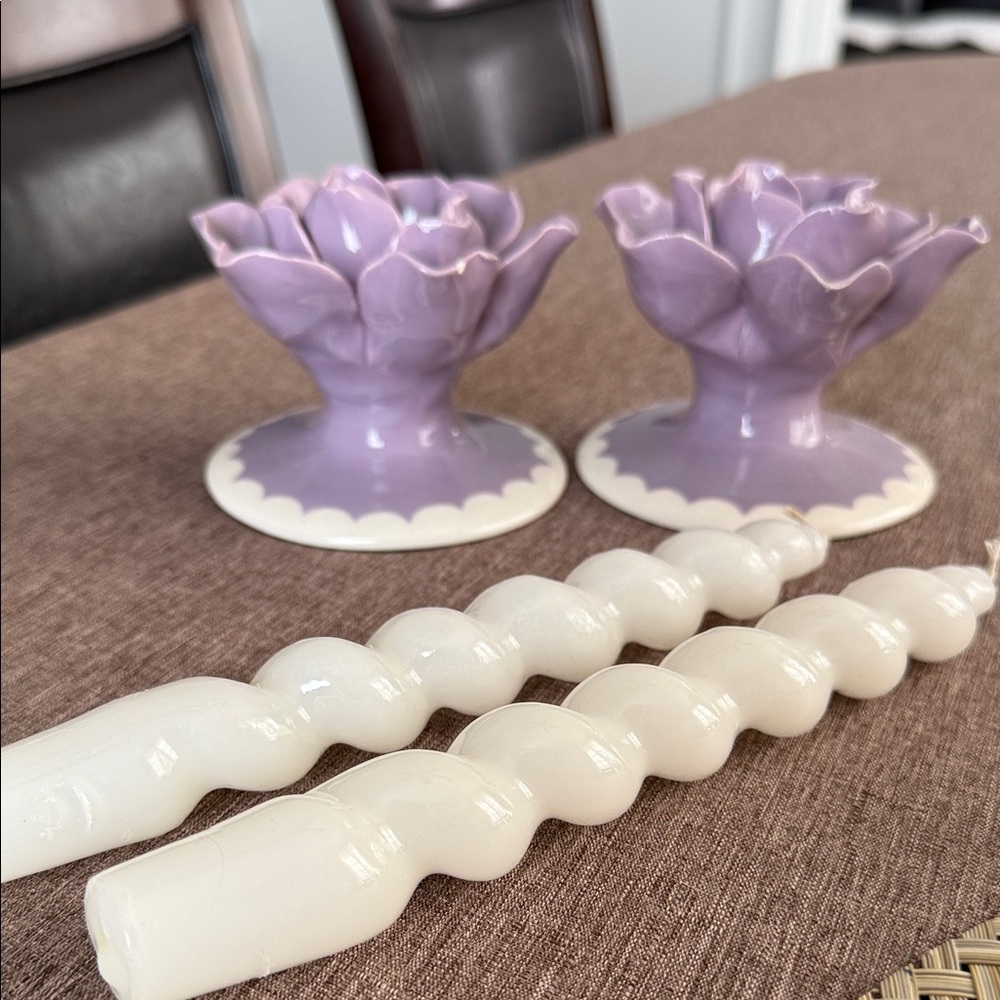 Anthropologie Purple Floral Candle Holders with White Spiral Candles